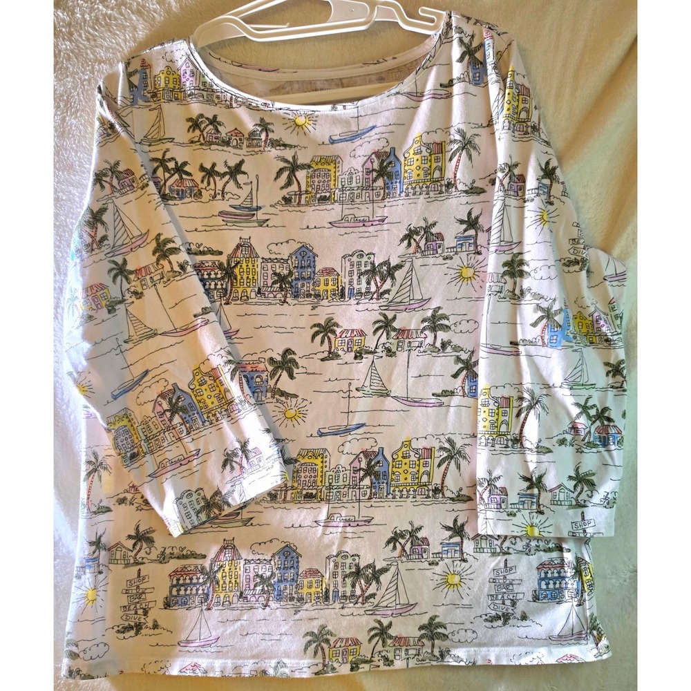 Talbots Women XL Coastal Village Sailboat Palm Tree 3/4 Sleeve Cotton Tee